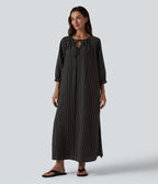 Robe midi casual à rayures aspect lin col V avec nœud, manches 3/4 fendues et poches