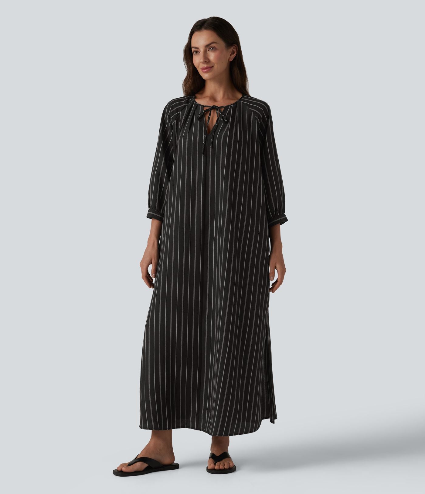 Robe midi casual à rayures aspect lin col V avec nœud, manches 3/4 fendues et poches