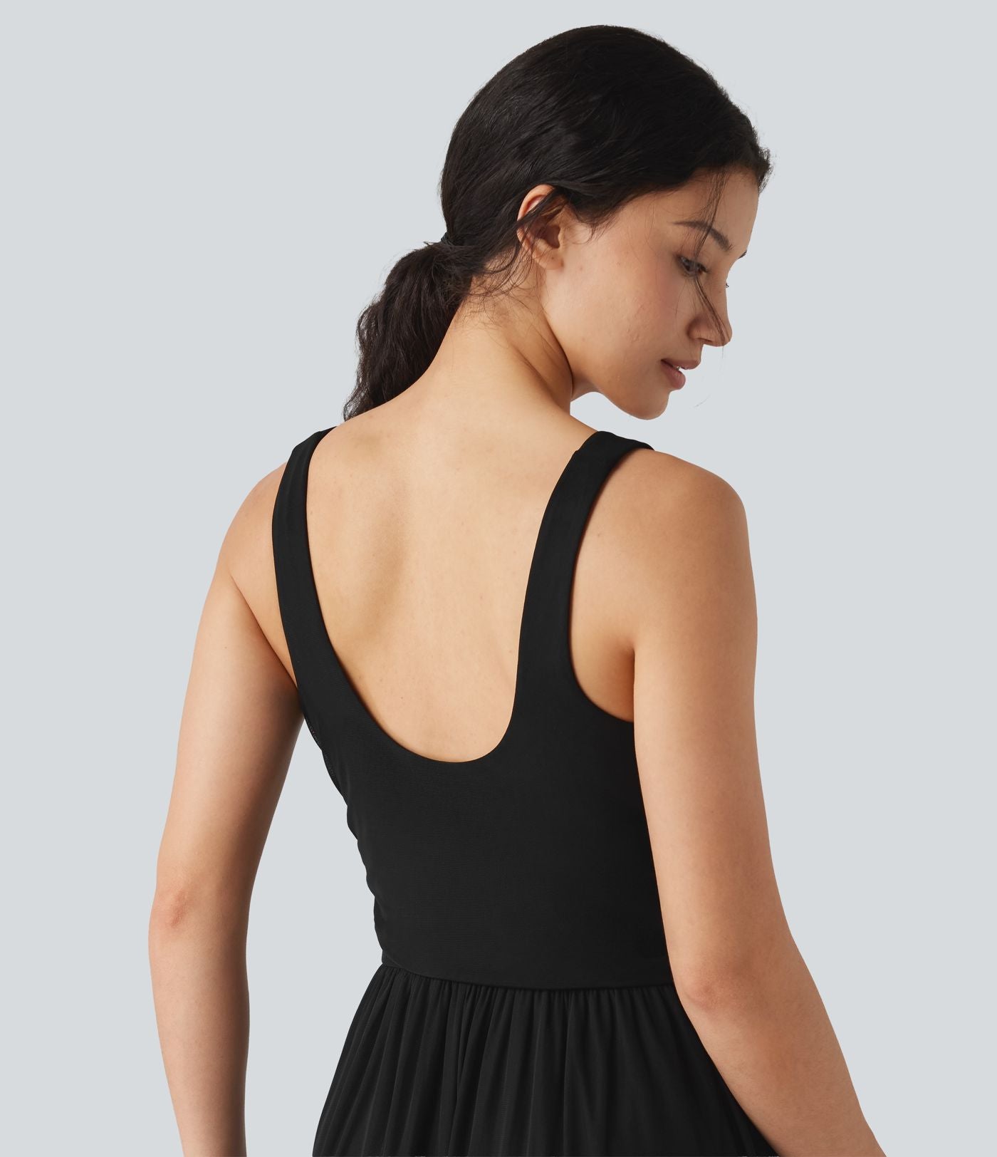 Robe maxi fluide sans manches à encolure U, superposition en mesh, poches et coussinets amovibles