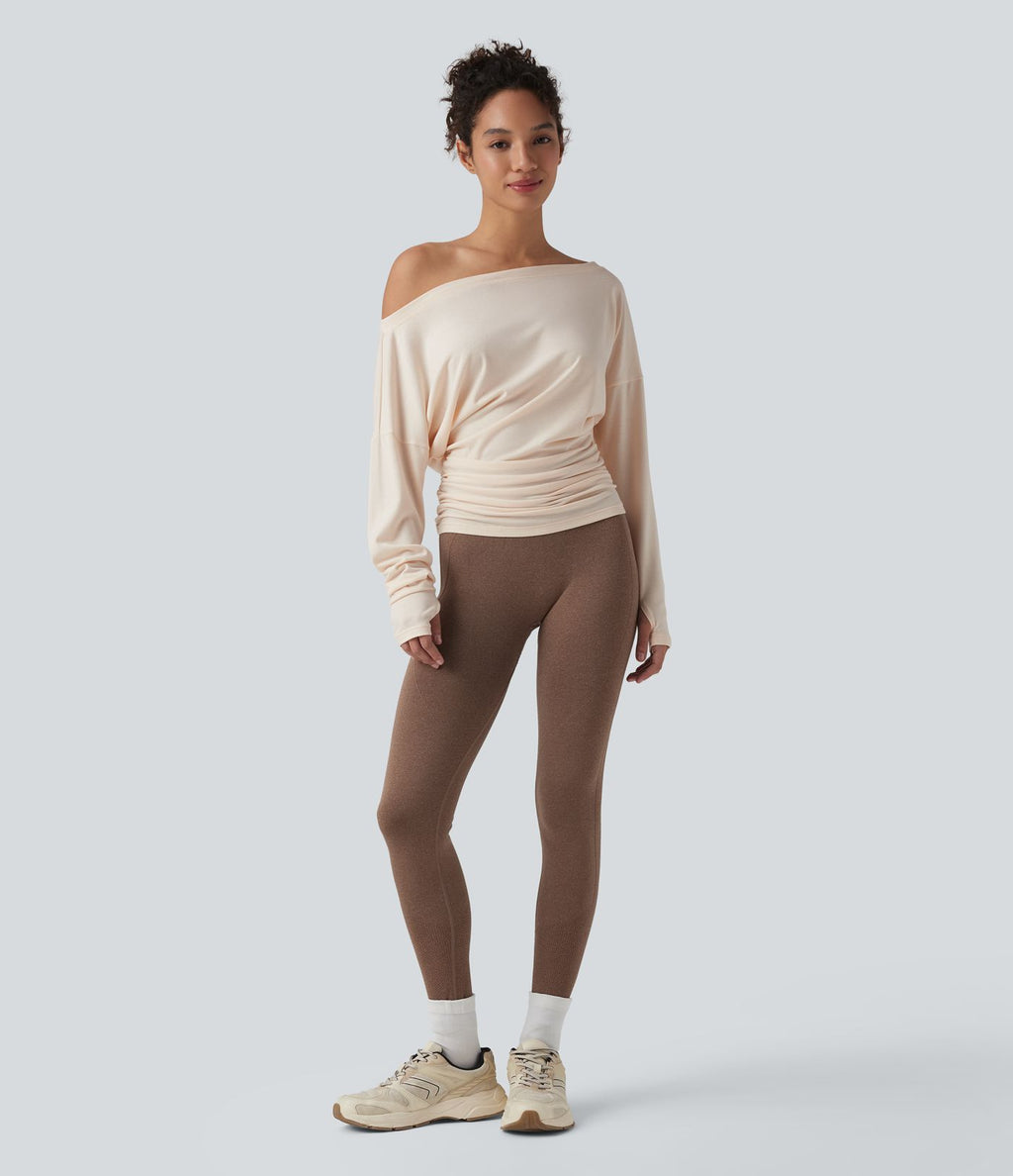 Haut de sport yoga asymétrique manches longues à trous pouces froncé