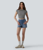 Halara Flex™ Short décontracté en denim lyocell délavé taille mi-haute drapé 9 cm avec poches