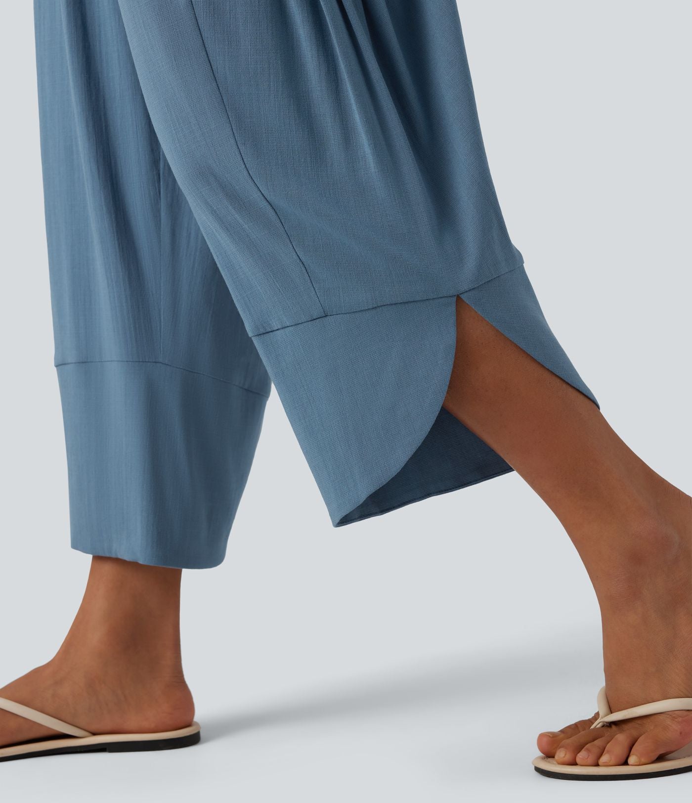 Pantalon court décontracté taille haute avec cordon de serrage, ourlet arrondi, effet lin et poches