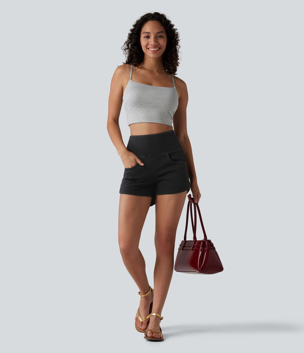 Halara Flex™ Short casual en jean skinny gainant taille haute à ourlet arrondi avec poches