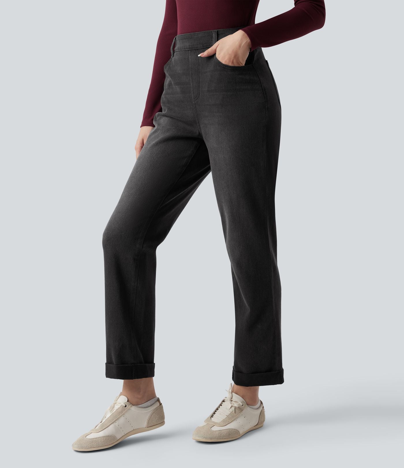 Jean décontracté Halara Flex™ ajusté taille haute ourlet retroussé avec poches