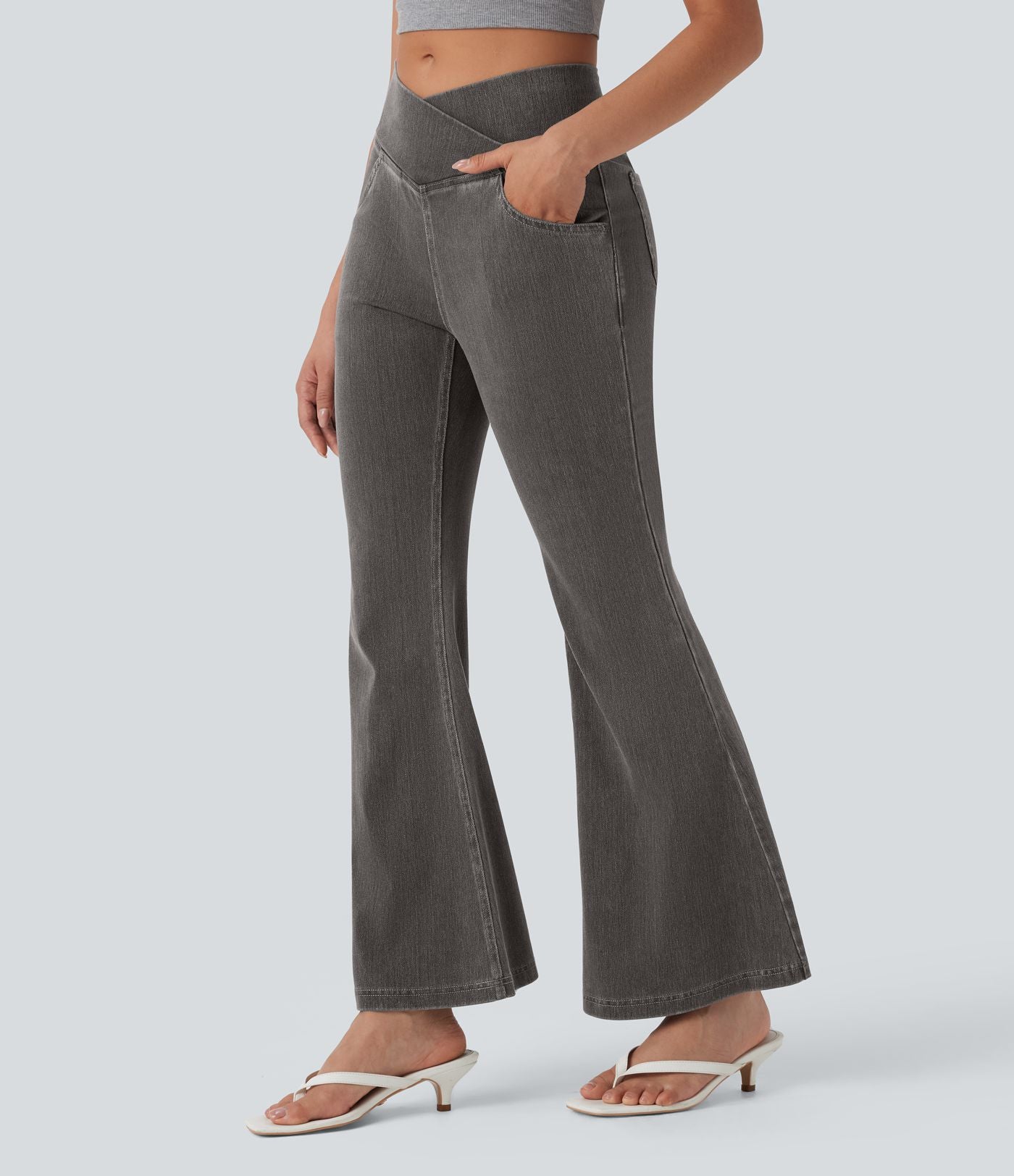Halara Flex™ - Jean Ultra Evasé Tricot Extensible Lavé Poches Croisées Taille Haute