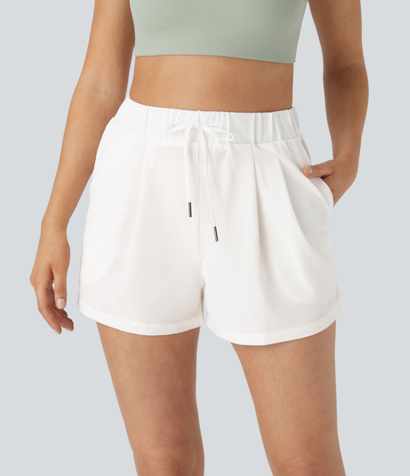 Short 7,5cm Casual à Taille Moyenne avec Ceinture Élastique Cordon de Serrage et Poches Latérales Ruchées