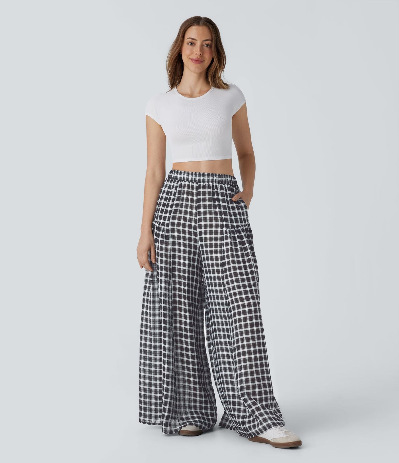 Pantalon décontracté à carreaux taille haute coupe ample avec poches latérales