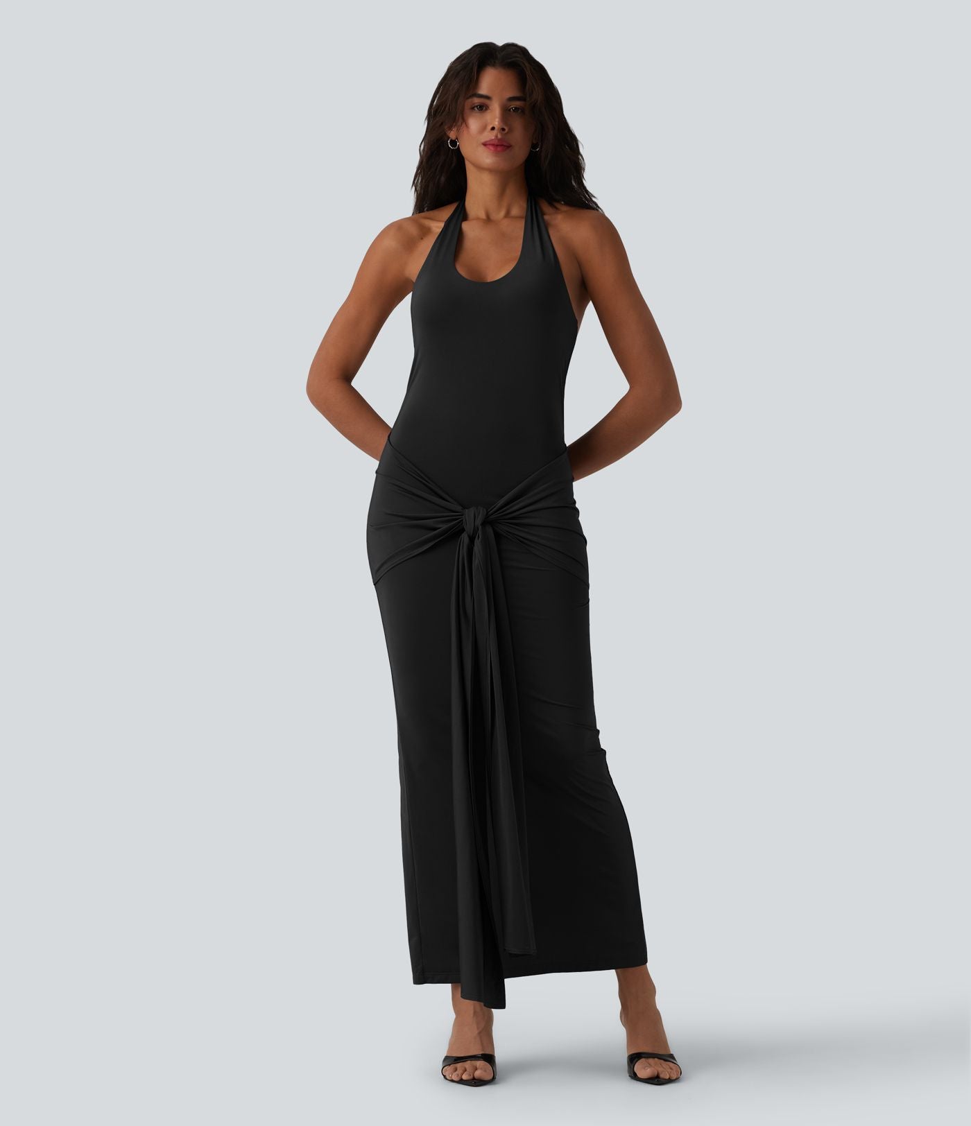 Robe maxi moulante col licou froncée effet frais InstantCool à nouer devant