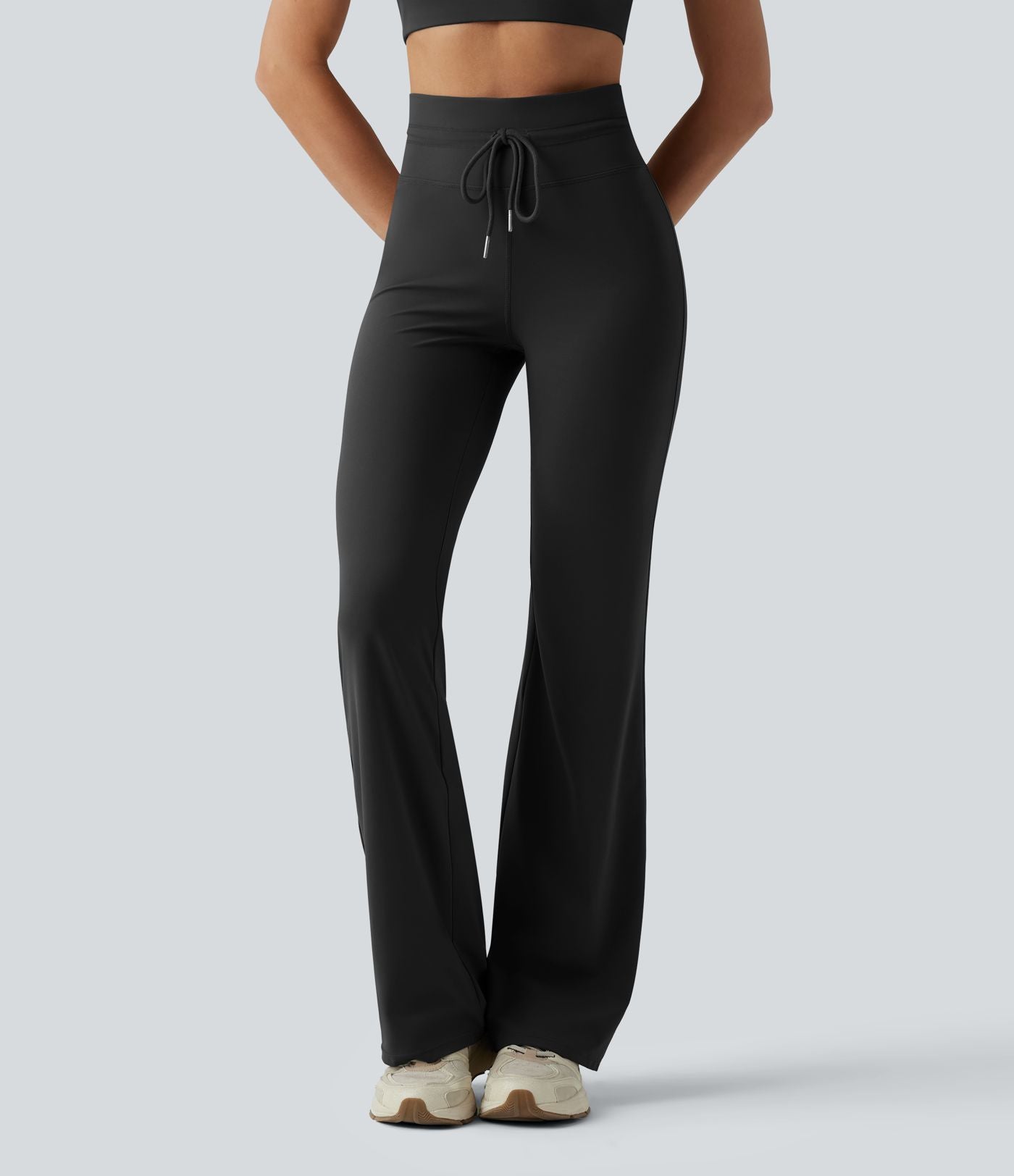 Pantalon de yoga évasé taille haute avec cordon de serrage uni et poches