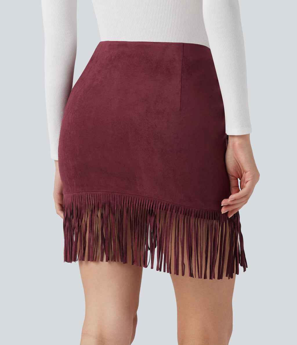 Jupe mini moulante décontractée 2-en-1 effet daim taille haute à franges