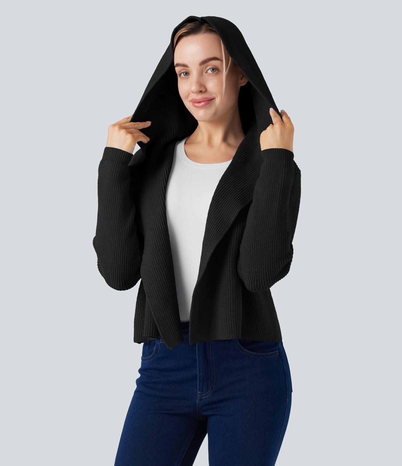 Cardigan ouvert à capuche manches longues