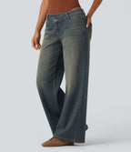 Halara Flex™ Jean large asymétrique taille basse avec bouton, fermeture éclair et poches multiples, délavé et extensible en maille