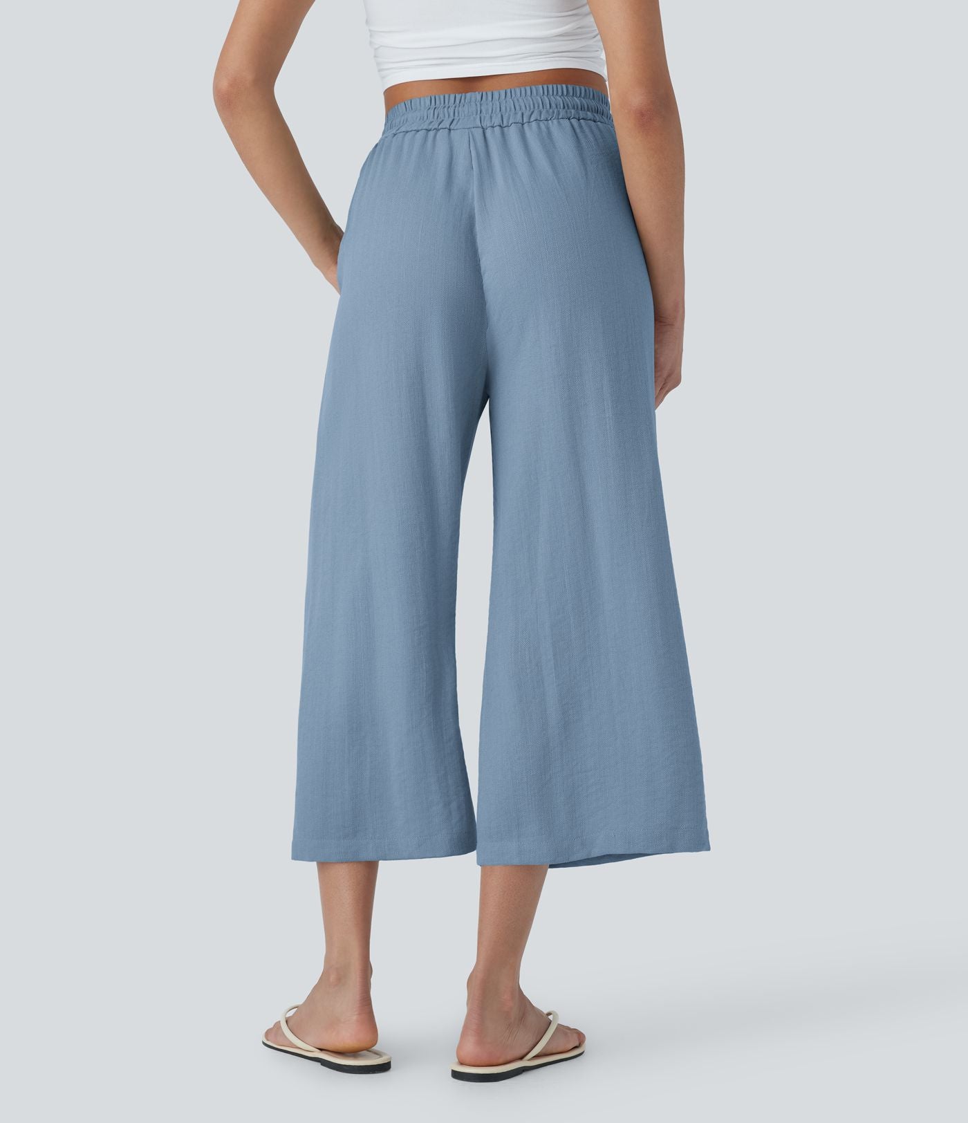 Pantalon décontracté aspect lin 7/8 à taille haute, jambe large avec cordon de serrage et poches latérales