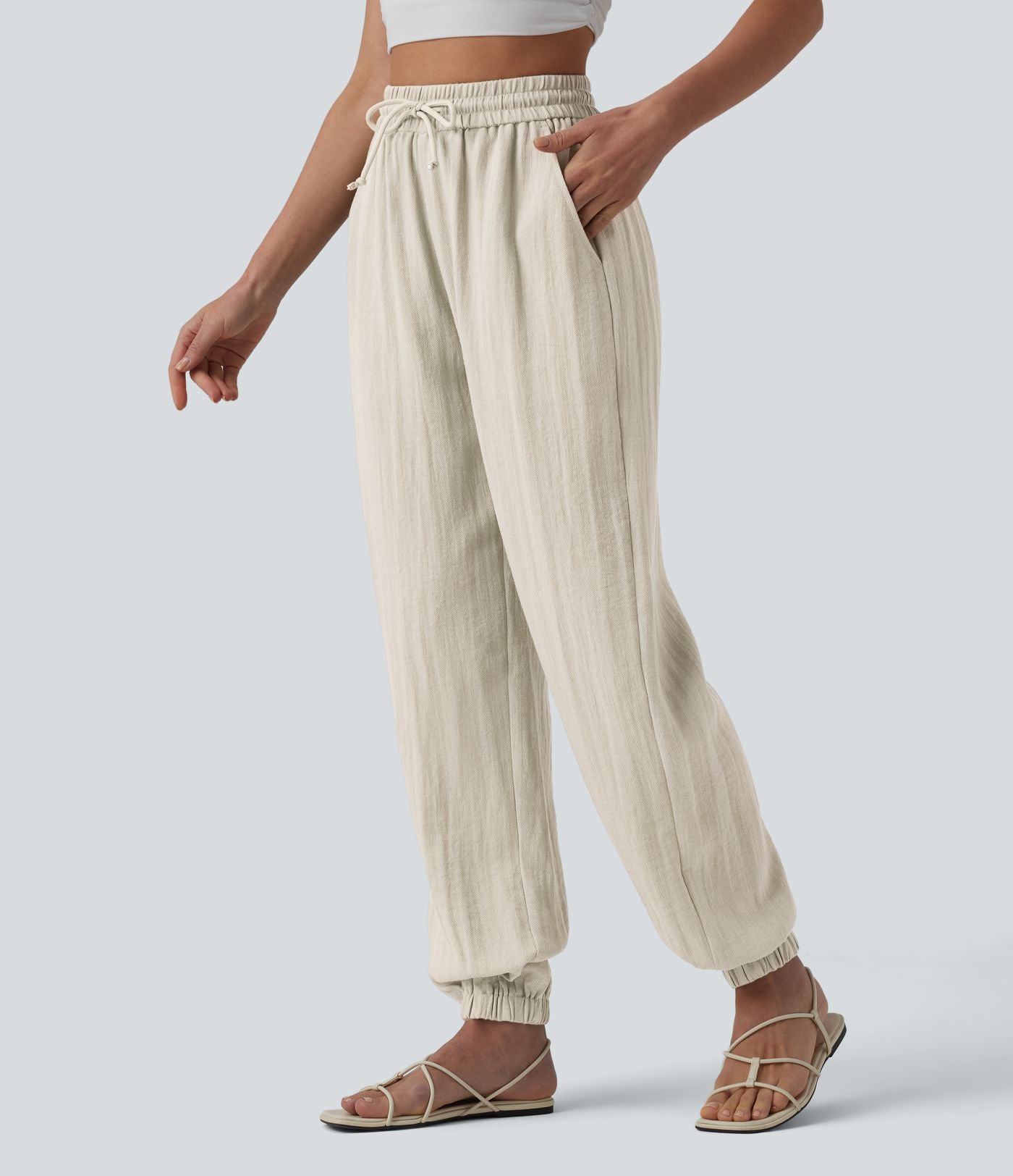 Jogging casual large ample taille haute aspect lin à cordon de serrage avec poches