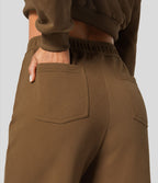 Pantalon Jogging en Fleece Thermique Jambe Droite Boutons Taille Haute Plusieurs Poches
