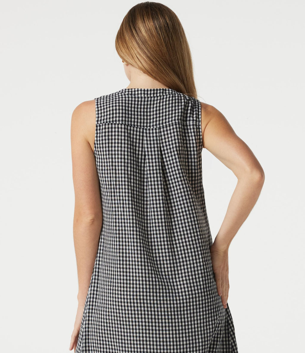 Robe casual midi à carreaux toucher lin col rond sans manches à poches