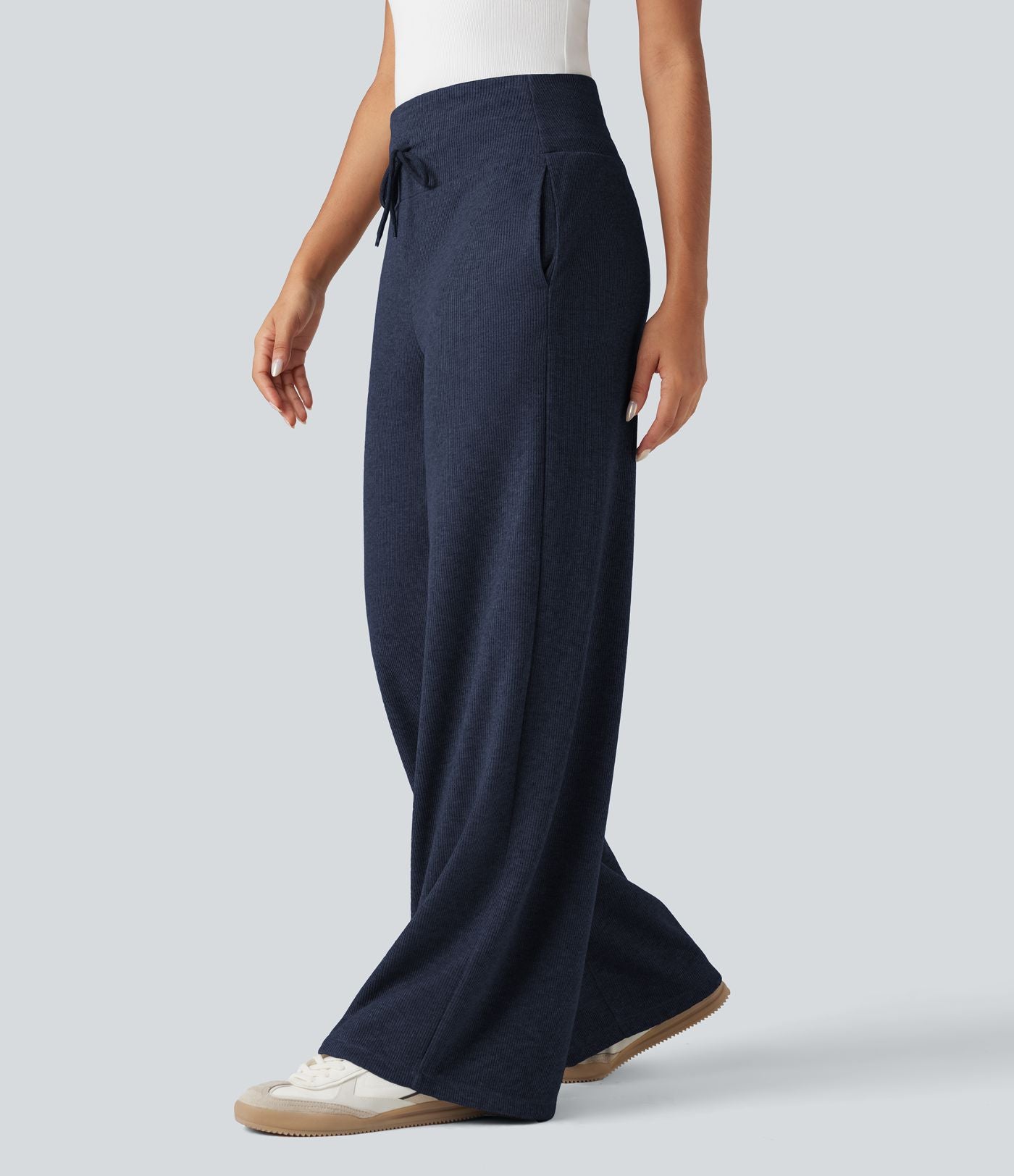 Pantalon jogging large décontracté côtelé gainant taille haute avec cordon de serrage et poches