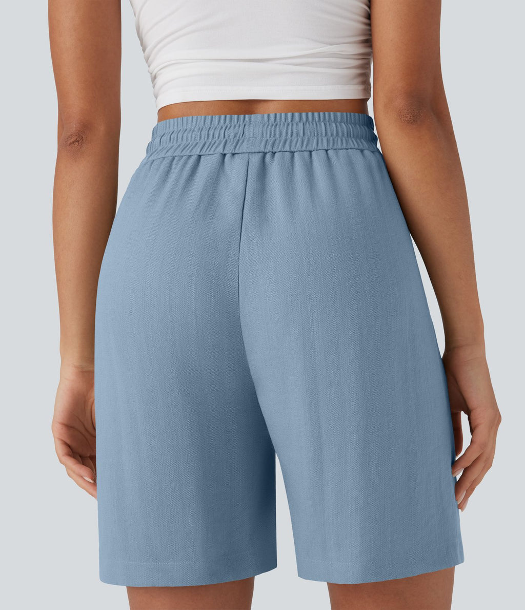 Short décontracté effet lin taille haute avec cordon de serrage et poches latérales