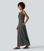 Robe longue fluide casual Henley sans manches à rayures avec poches