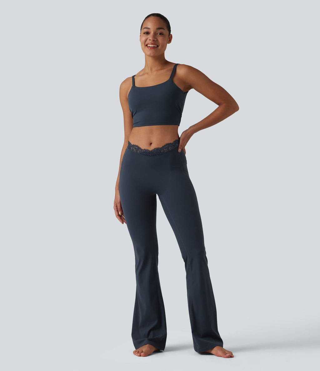 Halara UltraSculpt™ Legging évasé de yoga taille haute en V avec dentelle contrastée et poches