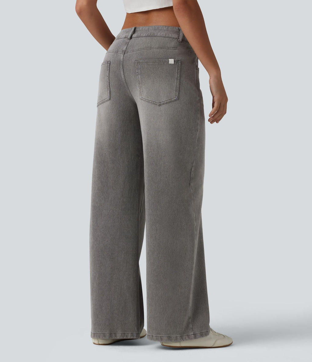 Halara Flex™ Jean large asymétrique taille basse avec bouton, fermeture éclair et poches multiples, délavé et extensible en maille