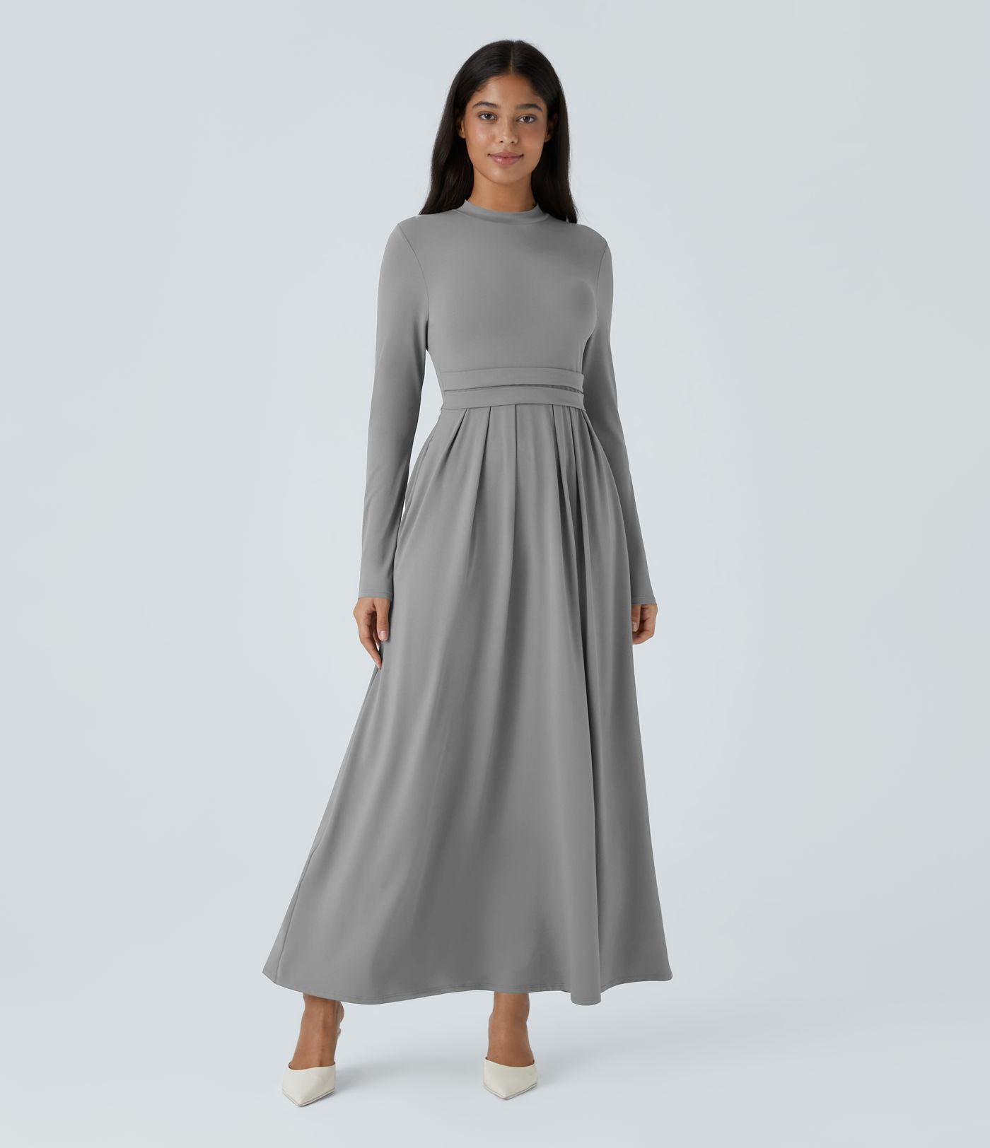 Robe longue décontractée à col montant, manches longues, plissée, avec poches latérales et coupe évasée