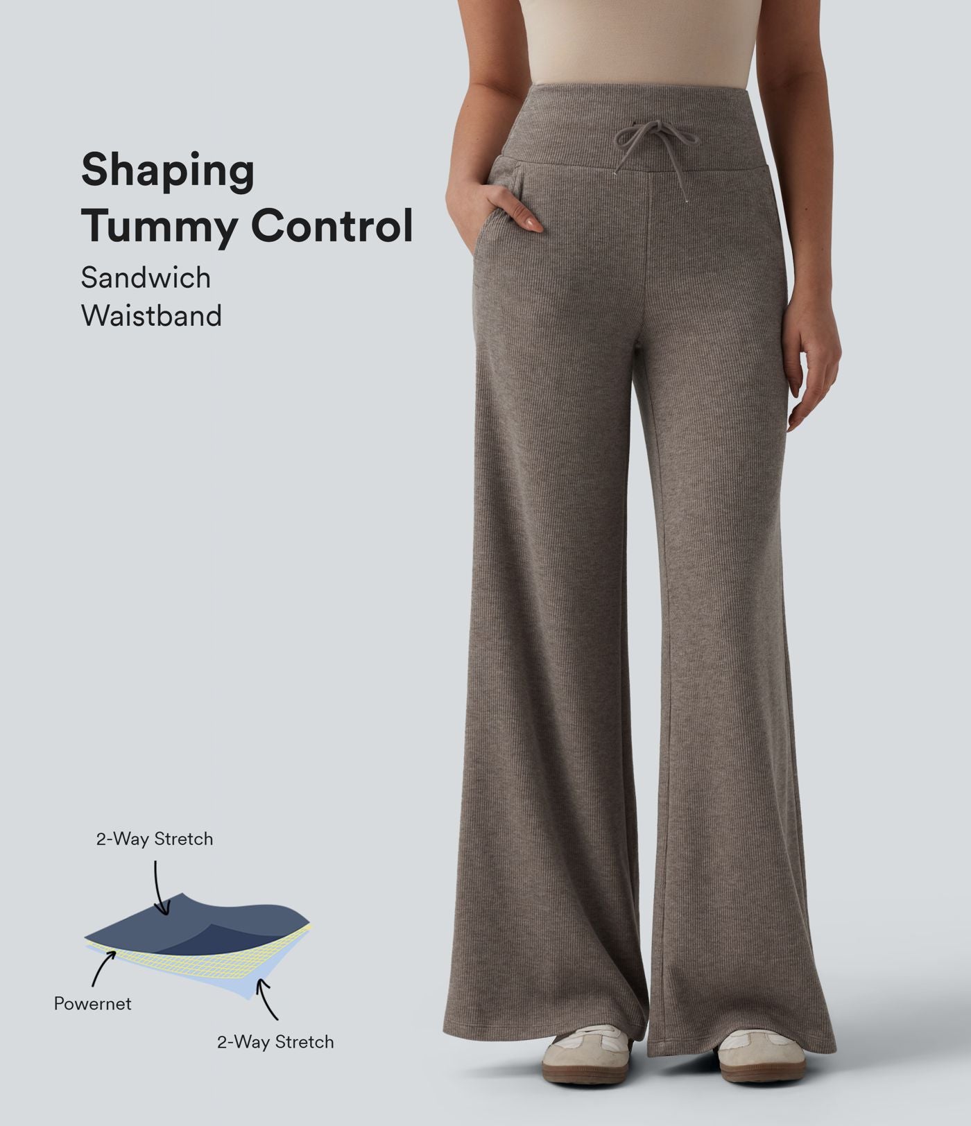 Pantalon casual bootcut gainant taille haute à cordon de serrage en maille côtelée avec poches