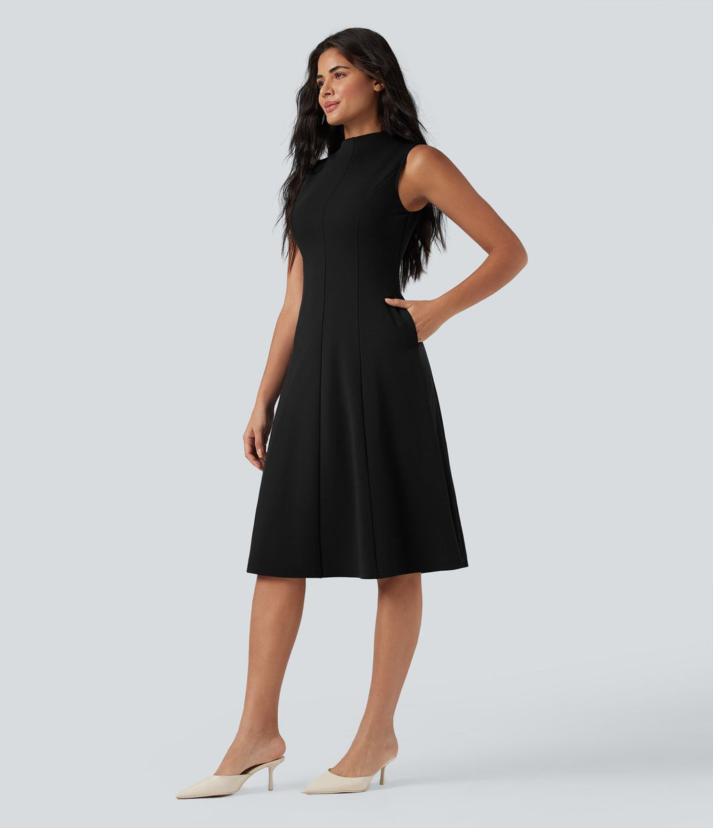 Robe mi-longue col montant sans manches avec poches