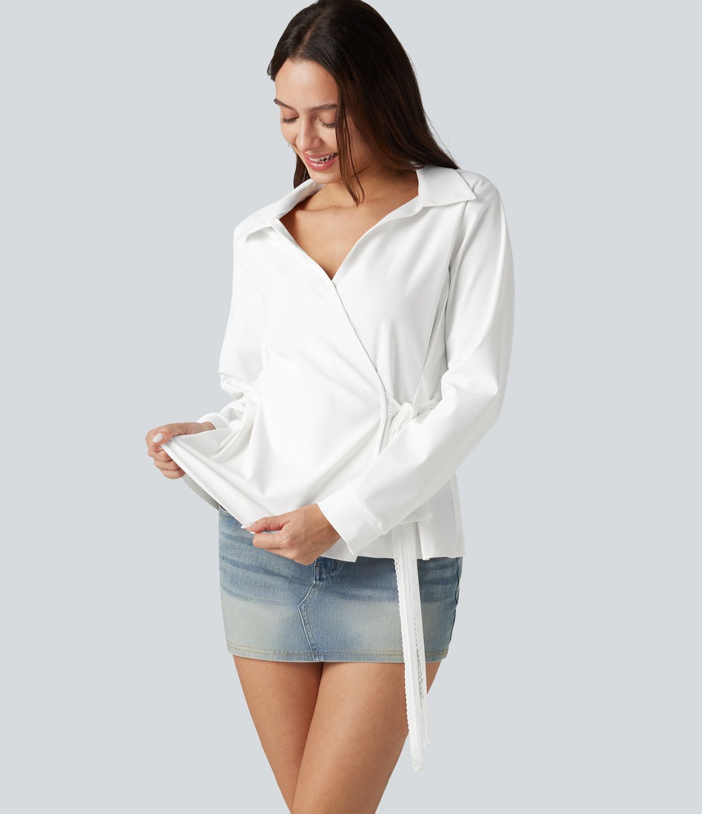 Chemise de travail à manches longues, à lacets contrastés sur les côtés, infroissable et à séchage rapide