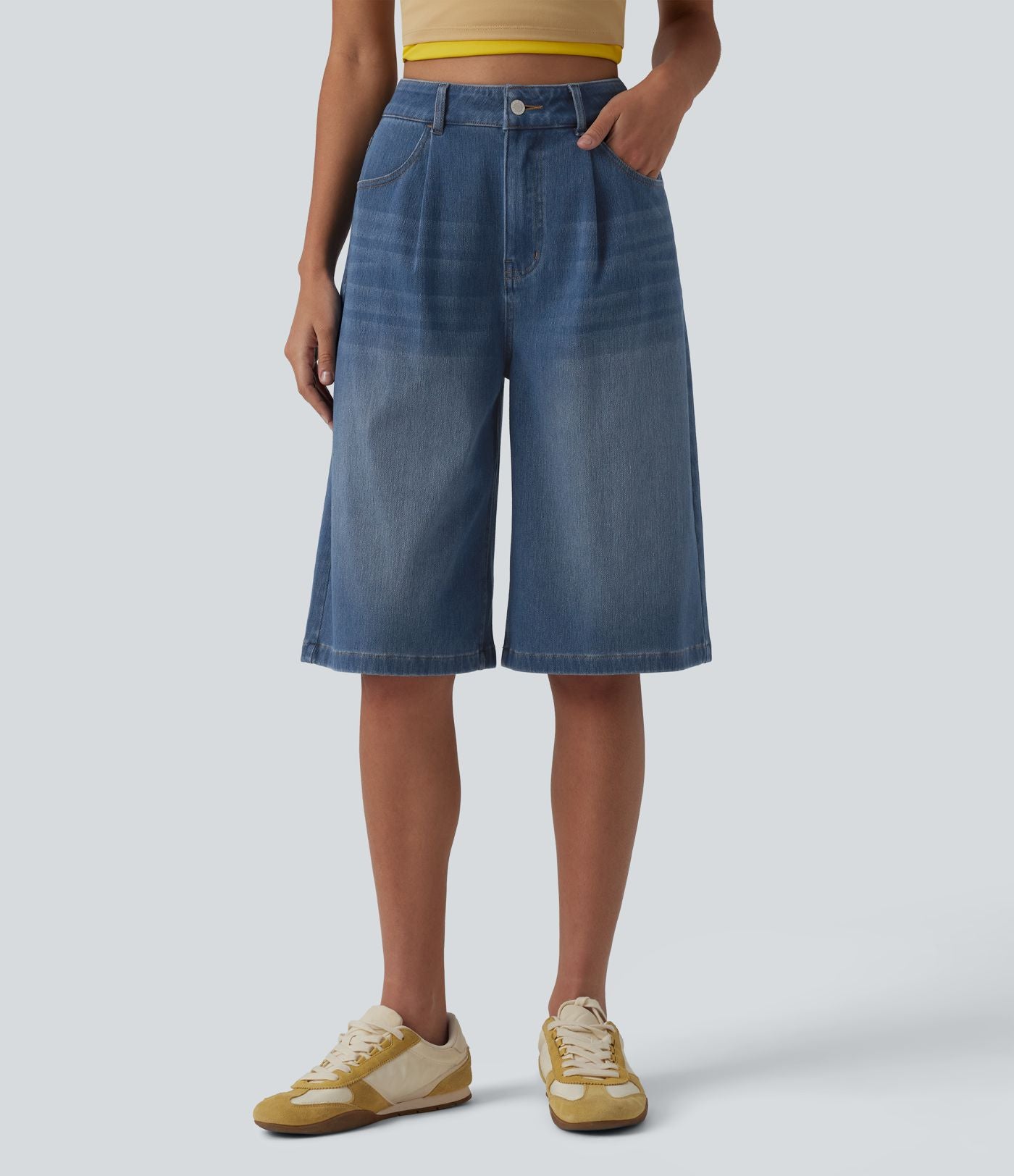 Bermuda denim décontracté Halara Flex™ taille haute avec poches