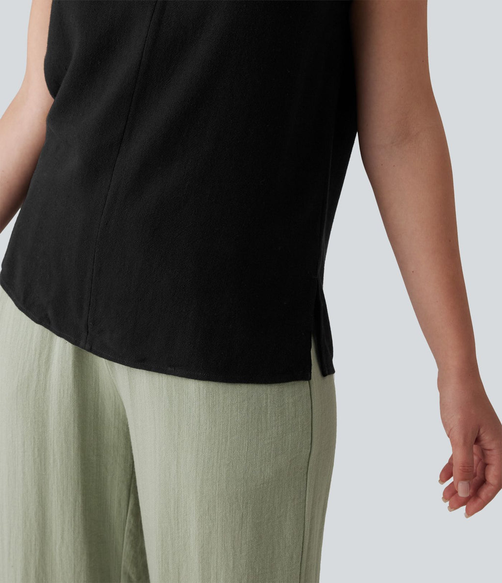 Chemisier tailleur en mélange de lin col V sans manches avec ourlet fendu