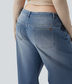 Jean décontracté grande taille Halara Flex™ asymétrique taille basse jambes larges effet délavé avec poches