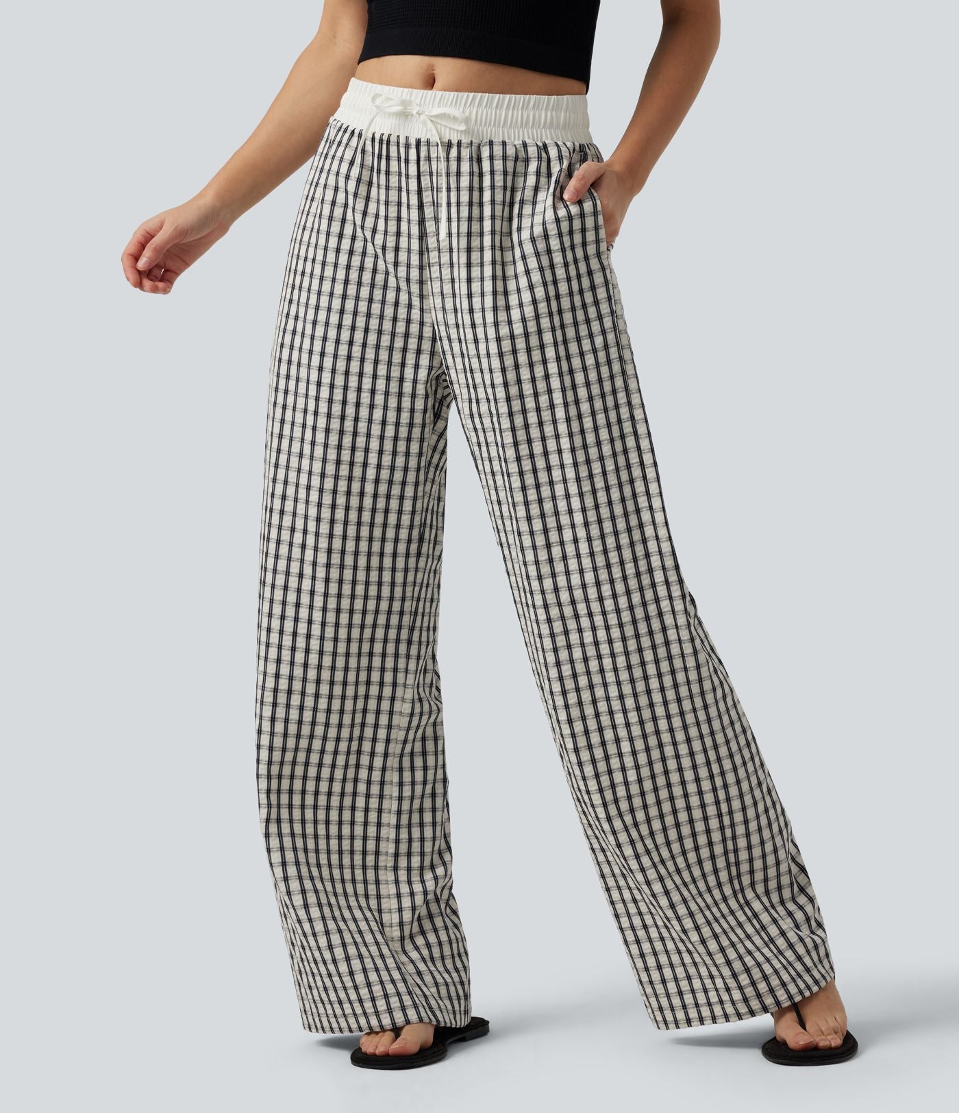 Pantalon large décontracté à carreaux taille mi-haute avec cordon de serrage et poches