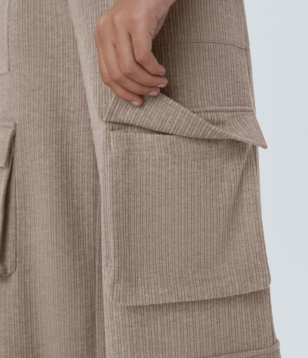 Pantalon cargo décontracté large à cordon côtelé, taille mi-haute, avec poches
