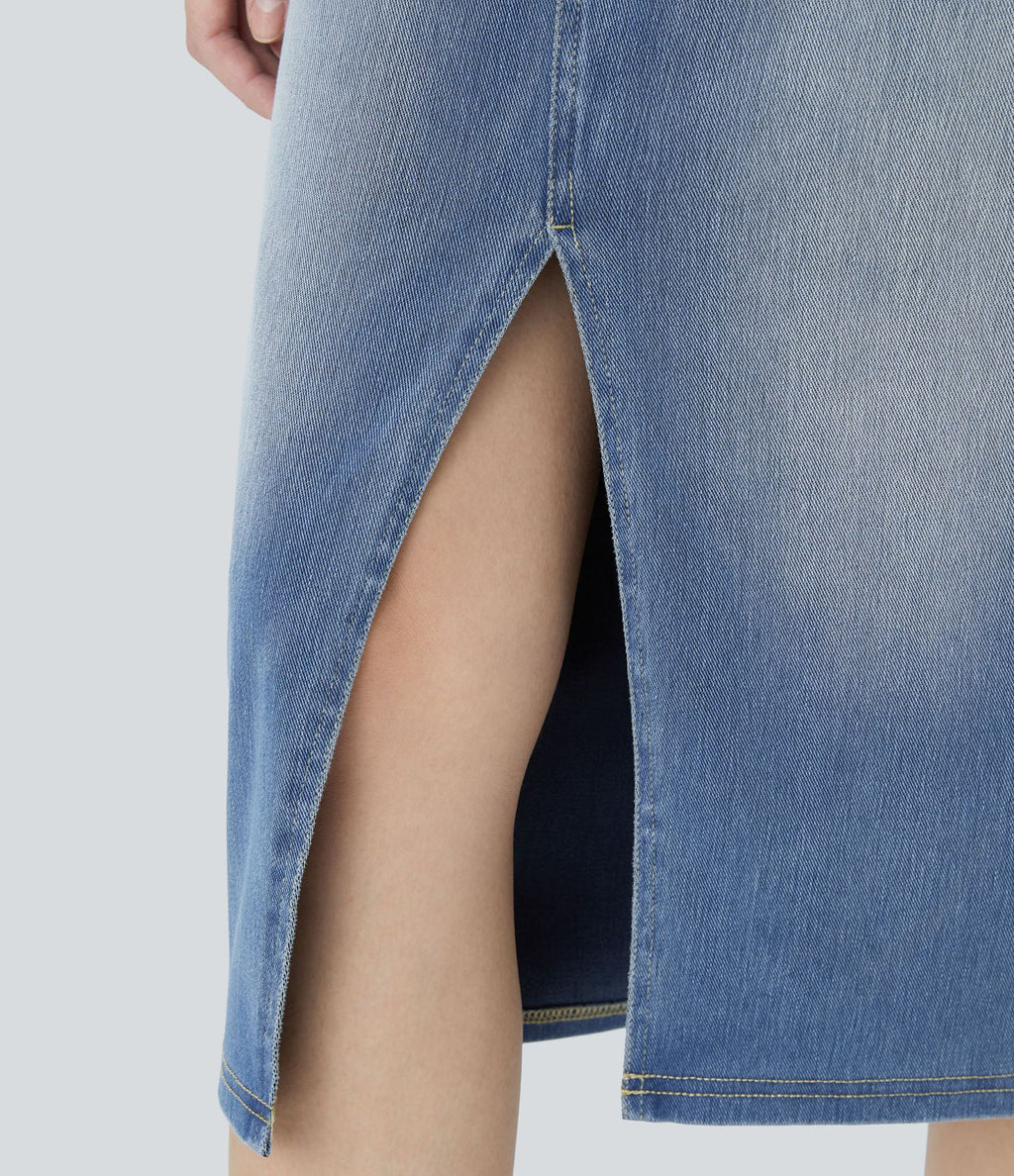 Halara Flex™ Jupe en Jean Casual Mi-Longue Délavé Extensible Plusieurs Poches Taille Haute