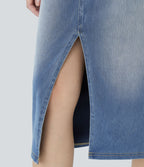 Halara Flex™ Jupe en Jean Casual Mi-Longue Délavé Extensible Plusieurs Poches Taille Haute