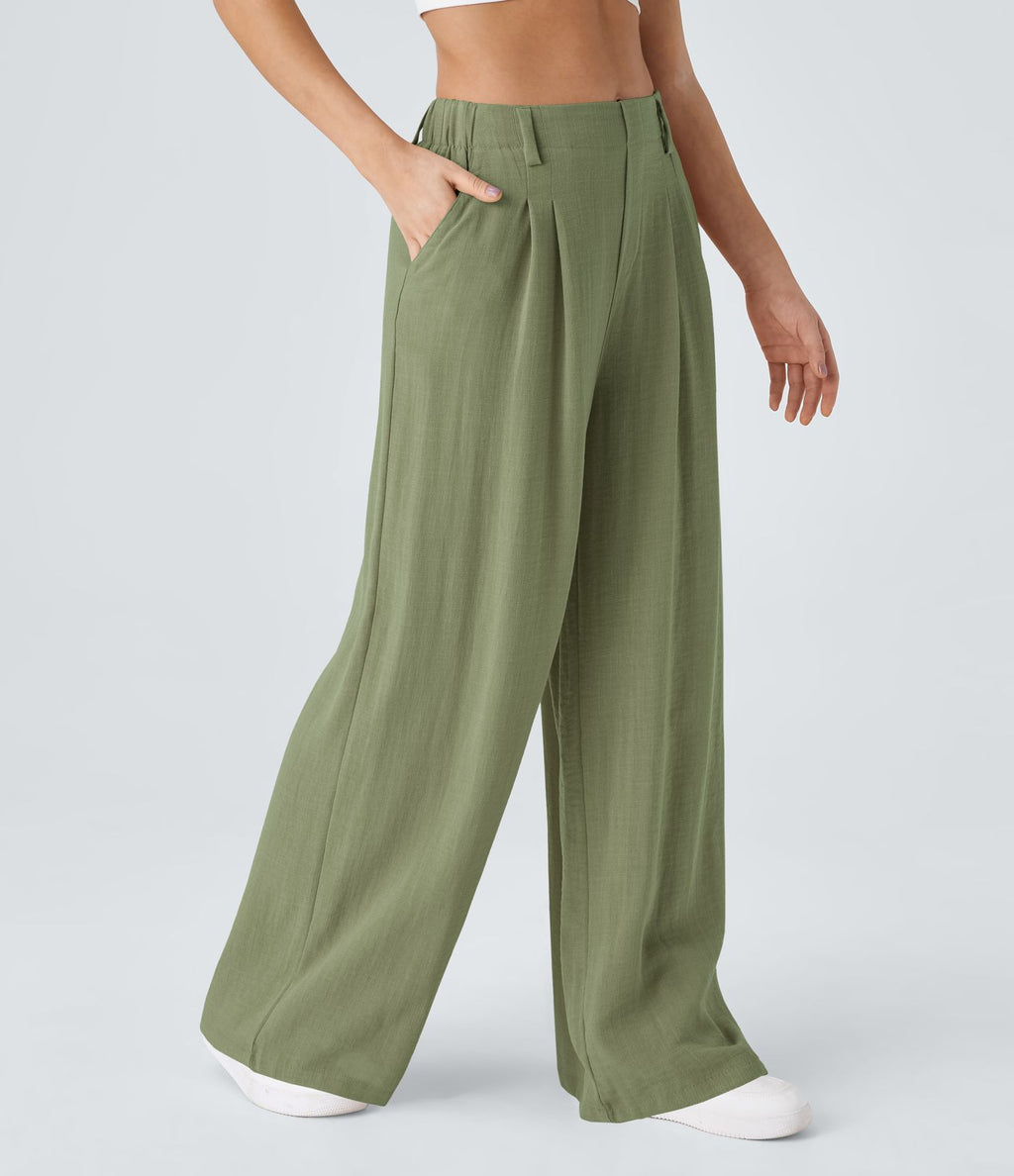 Pantalon Fluide Large Taille Haute Poches Latérales Palazzo Solide Casual Linen-Feel
