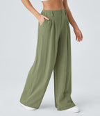 Pantalon Fluide Large Taille Haute Poches Latérales Palazzo Solide Casual Linen-Feel