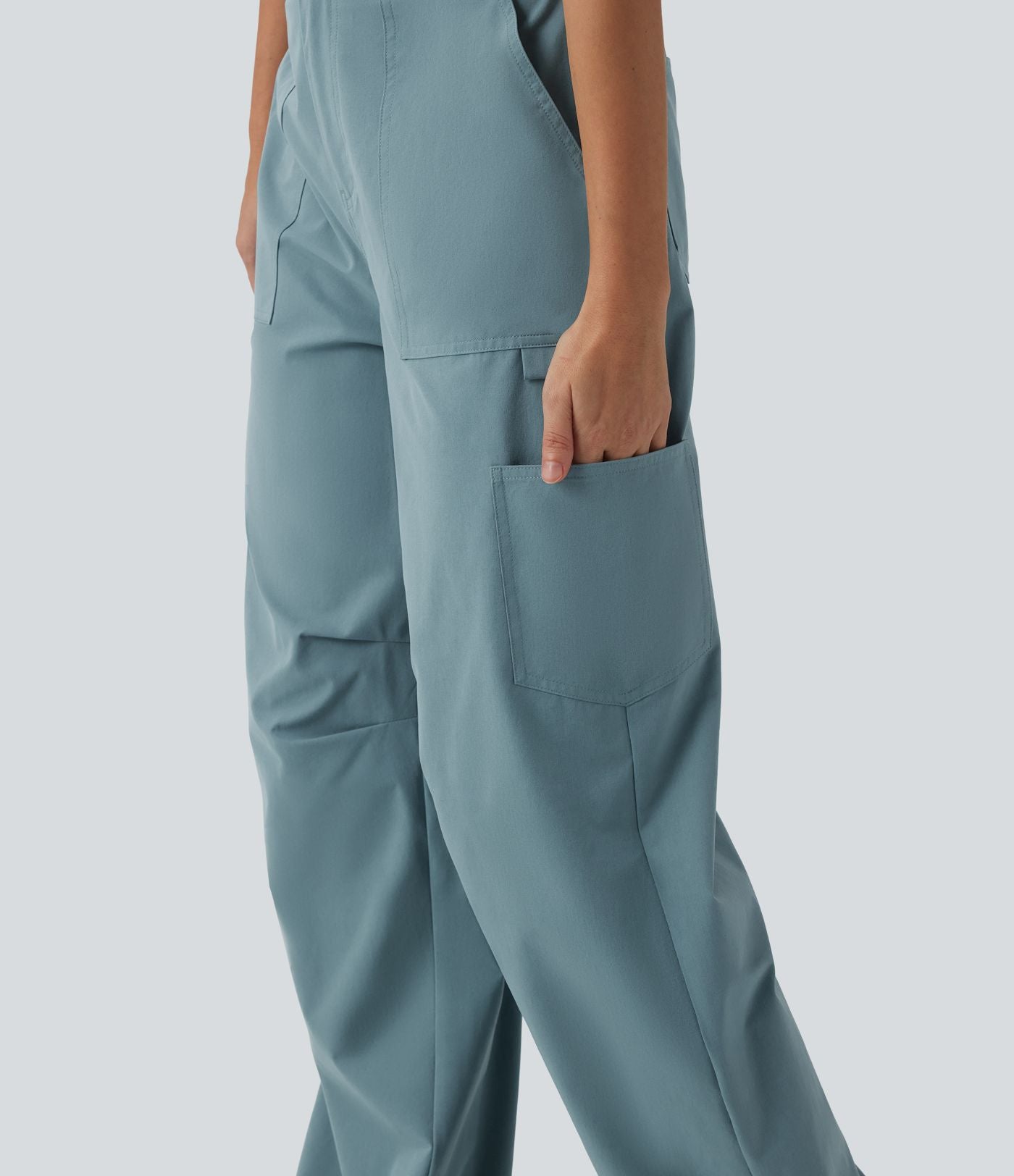 Pantalon cargo casual en popeline extensible coupe droite taille haute avec poches