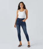 Halara Flex™ Jean Casual 7/8 à Taille Haute pour Courbes avec Boutons Décoratifs Plusieurs Poches Tricot Extensible et Lavé