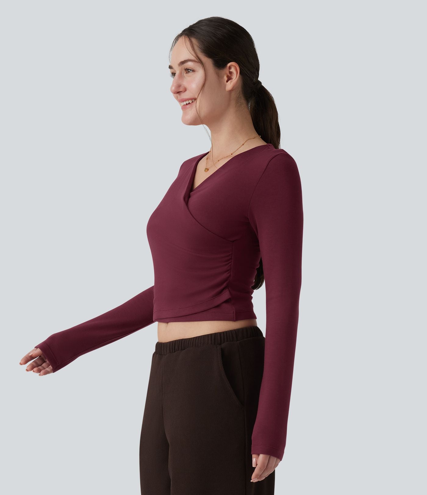 Top réchauffant casual Halara HeatCore col V manches longues croisé avec fronces