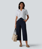 Blouse col V manches courtes à rayures aspect lin