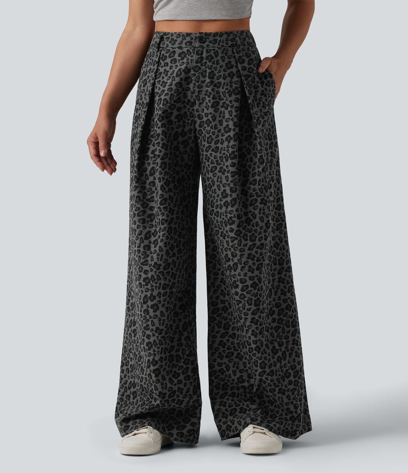 Pantalon large décontracté imprimé léopard taille mi-haute avec poches