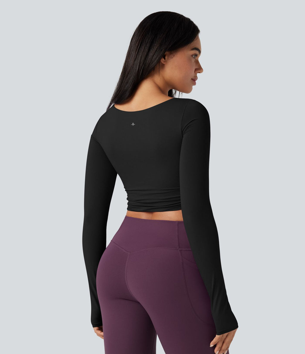 Top de sport yoga court push-up mousse col échancré manches longues avec trous pouces croisé