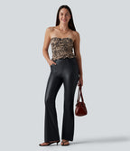 Pantalon casual bootcut taille haute en PU extensible avec poches