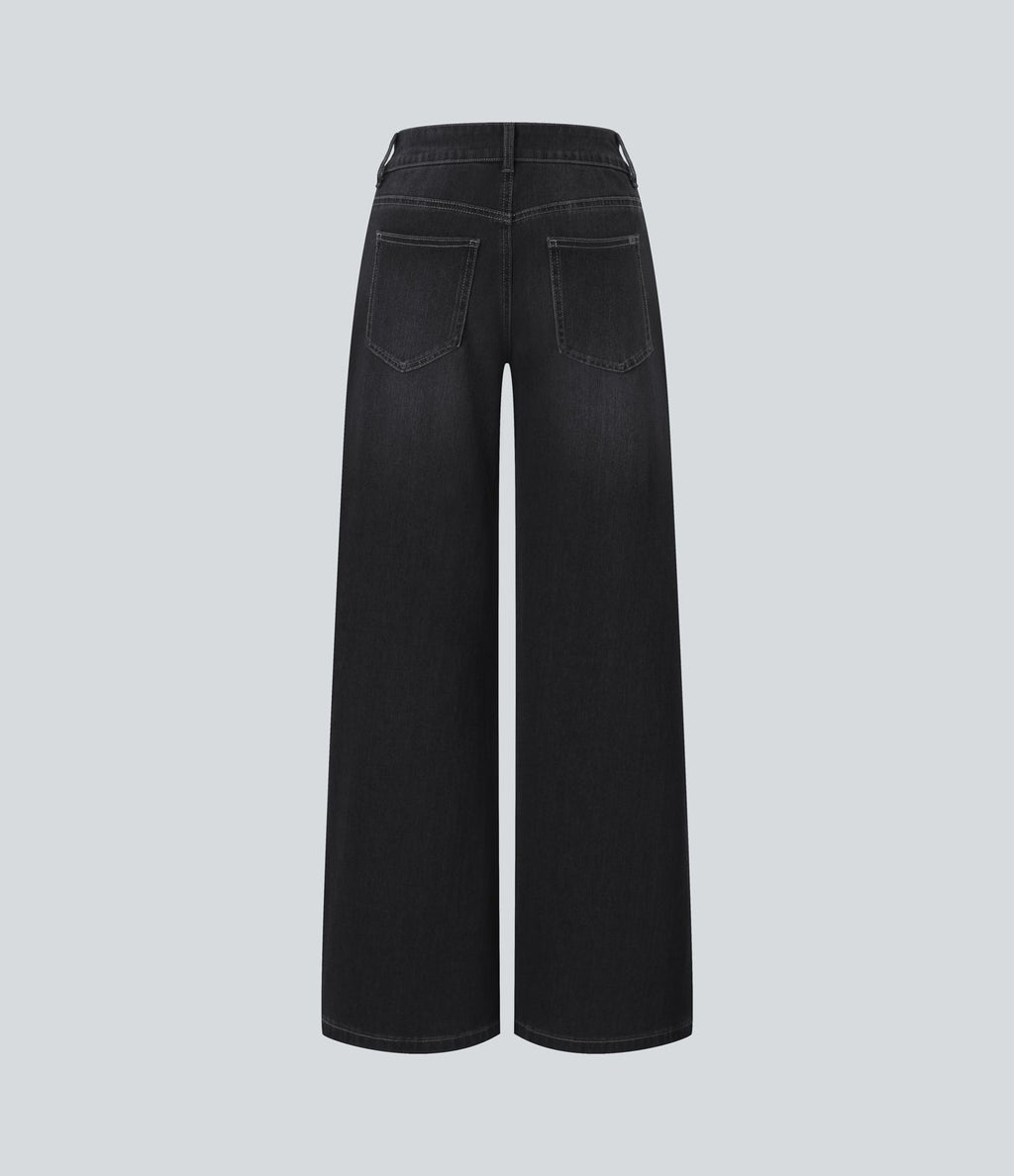 Halara Flex™ Jean Large Casual Taille Basse avec Boutons Zip Multiples Poches Lavés Élastiques et Tricotés