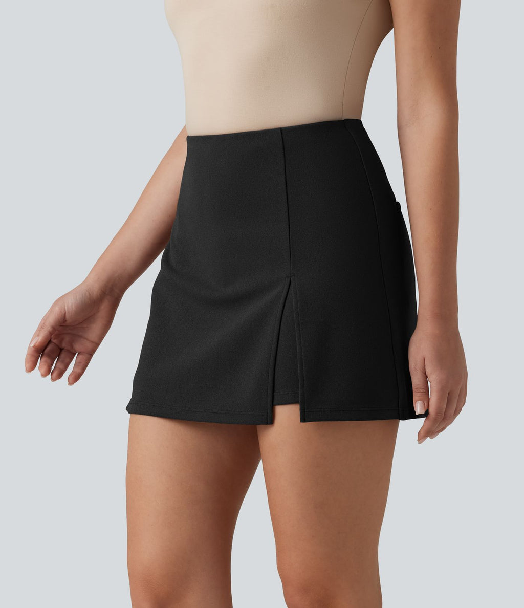 Jupe-short de travail fendue taille haute, infroissable et trapèze, avec poches