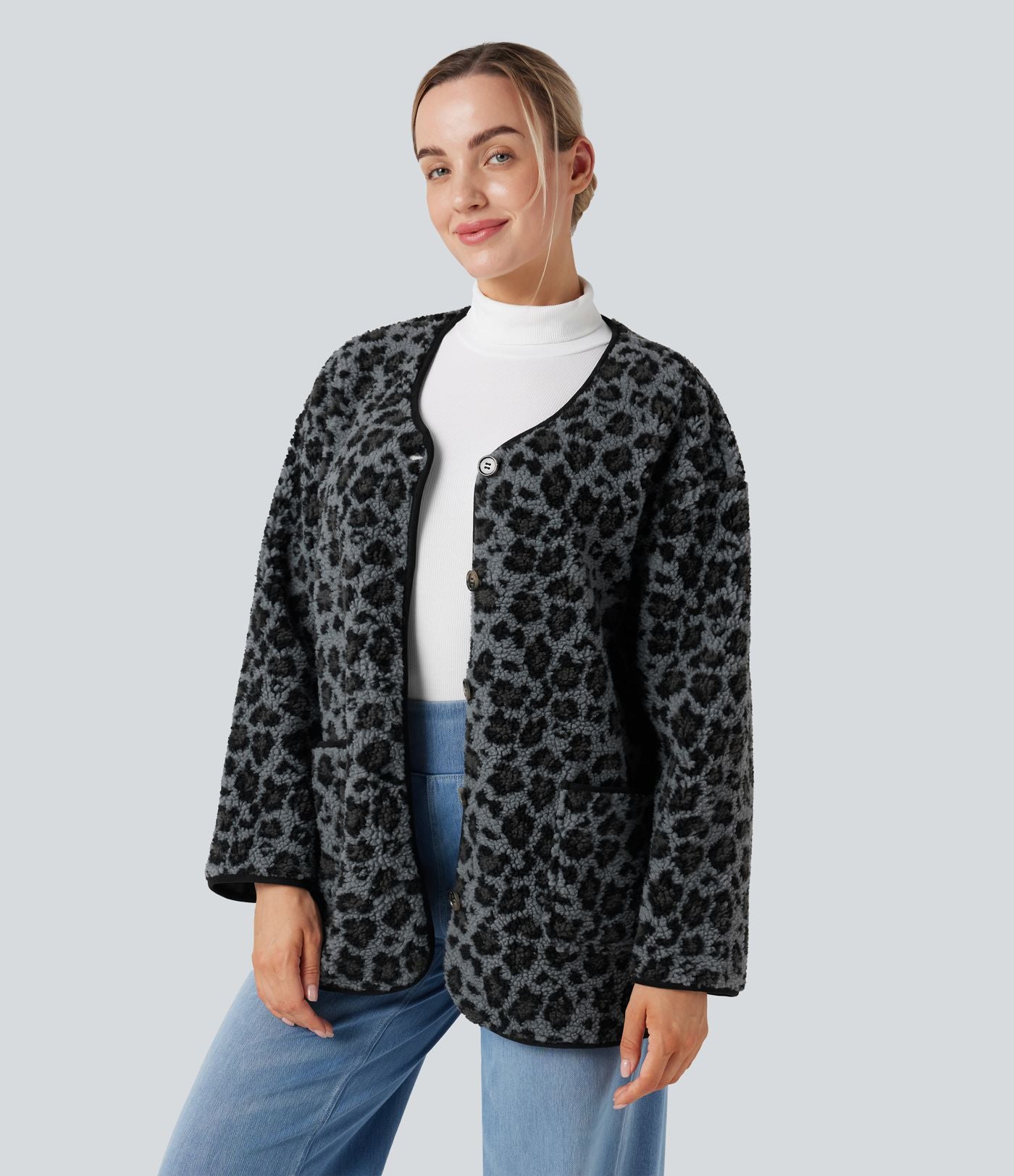 Veste décontractée en sherpa imprimé léopard avec poches