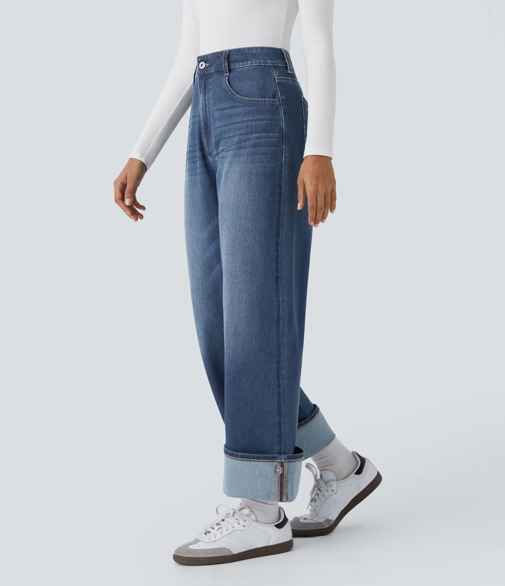 Jean décontracté Halara Flex™ taille haute jambes larges avec poches multiples et ourlet ajustable, en maille extensible effet délavé