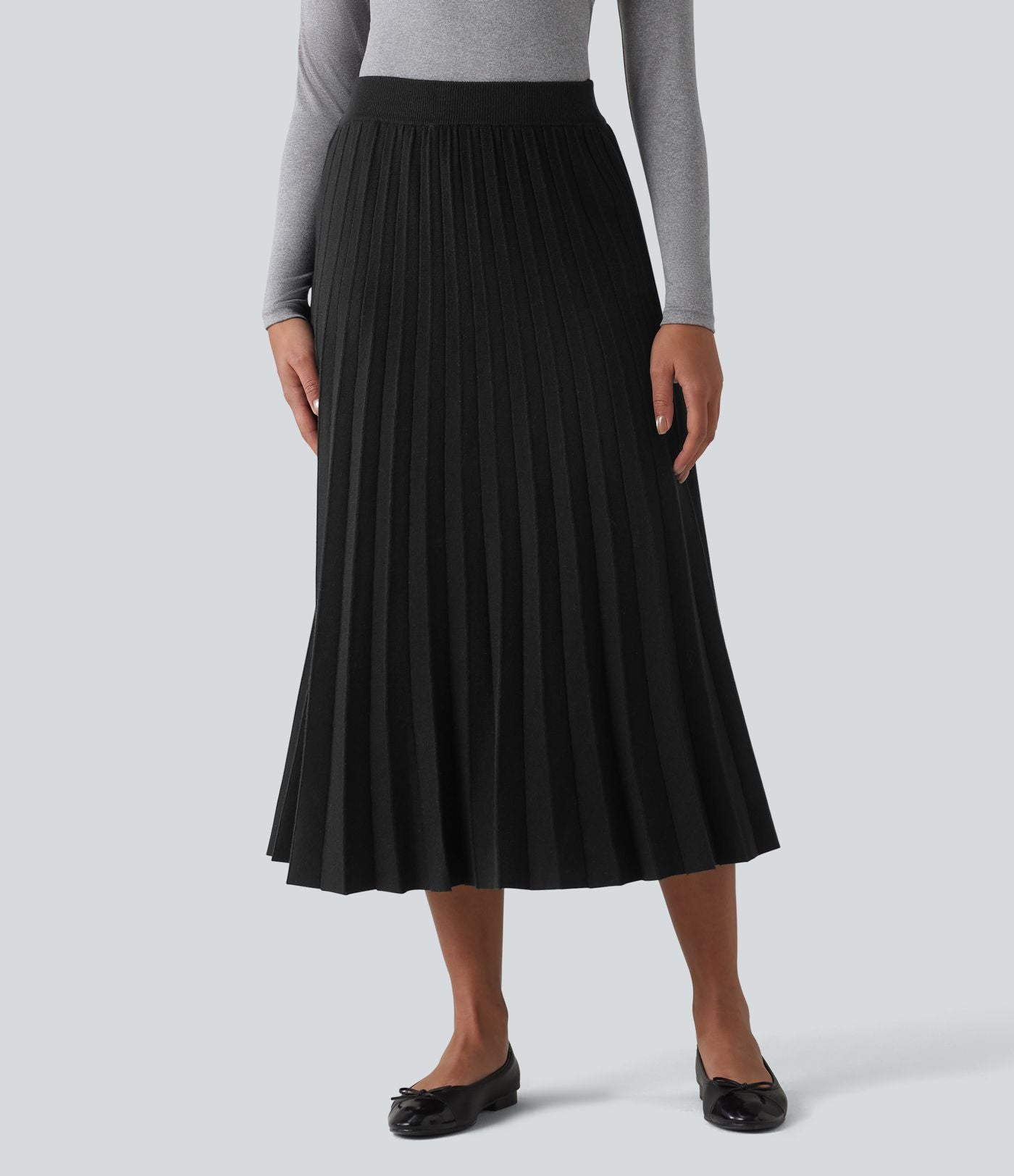 Jupe midi casual en maille plissée taille haute, coupe trapèze